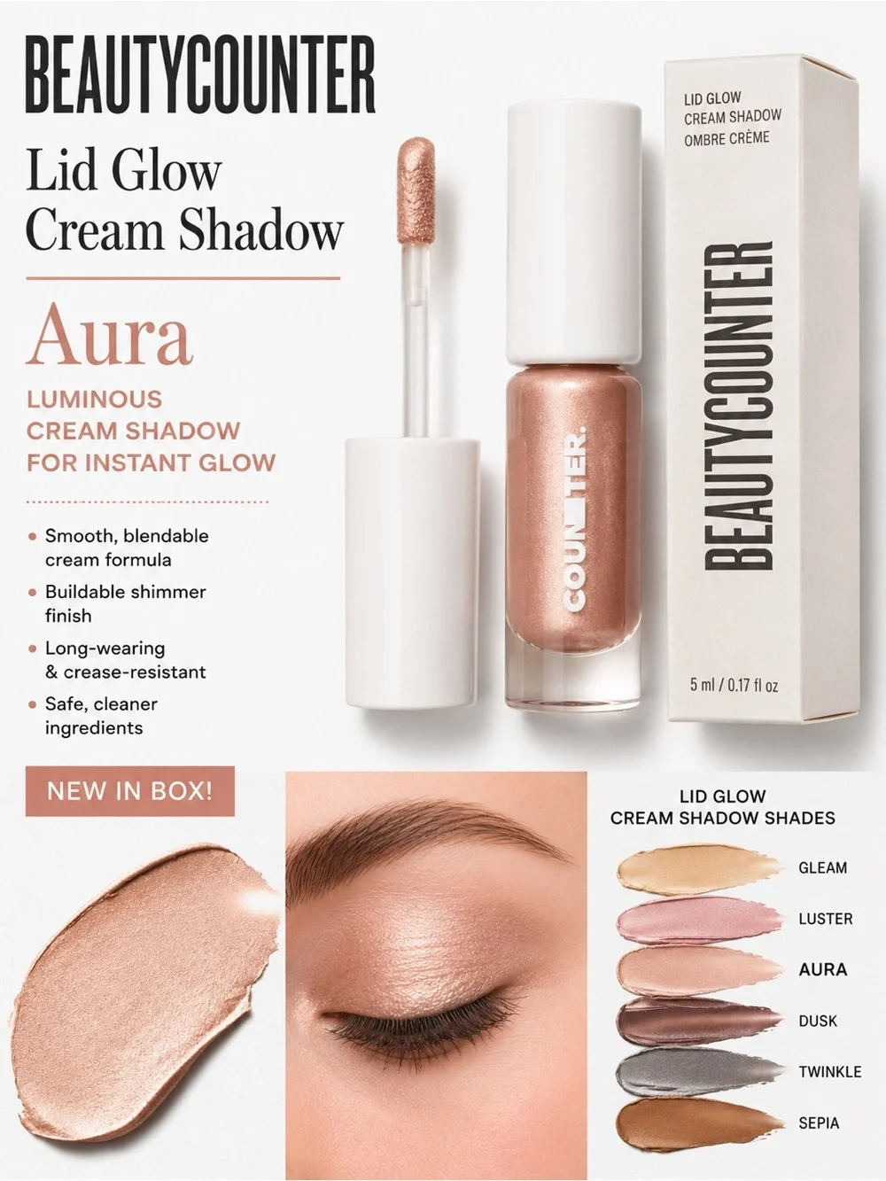 Beautycounter Lid Glow Cream Shadow Aura Shimmer Eyeshadow NIB